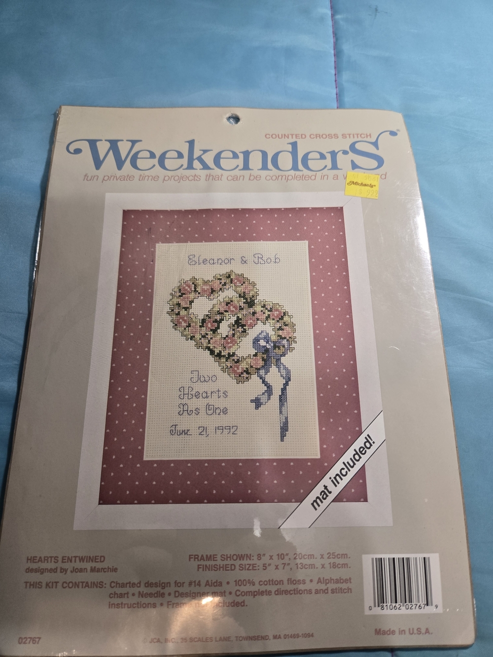 Weekenders Counted Cross Stitch,  Two Hearts As One  Made in USA, NEW!